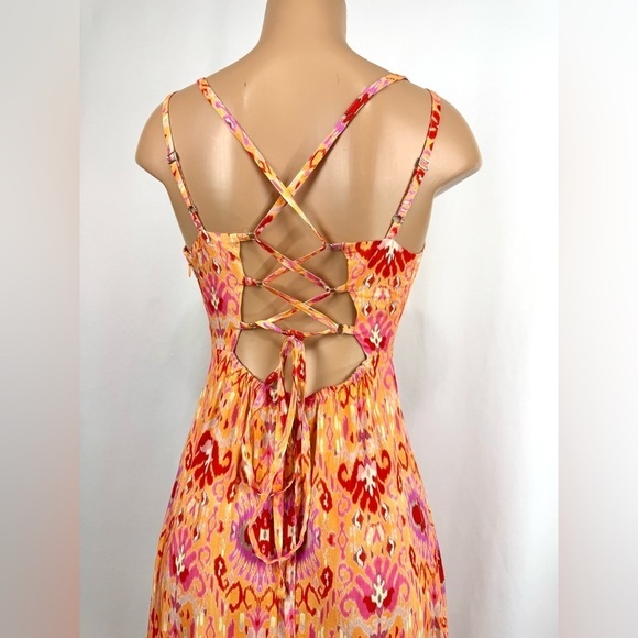 Kaos Jeans NEW Womens Sz 8 Orange Red Print 100% Viscose Maxi Dress Strappy Back - Picture 7 of 15